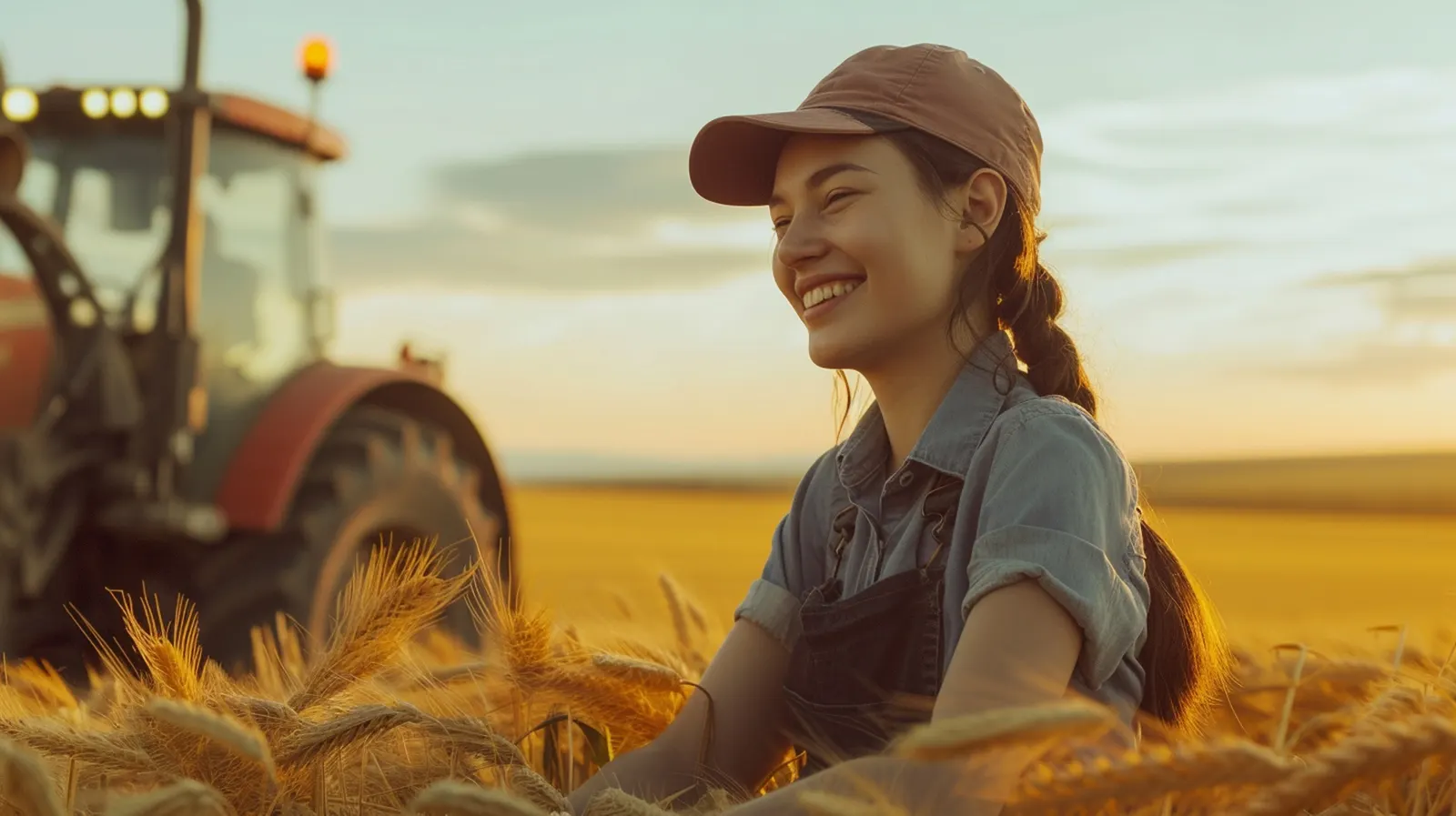 Productora agroindustrial en un campo de trigo, origen de alimentos para exportación