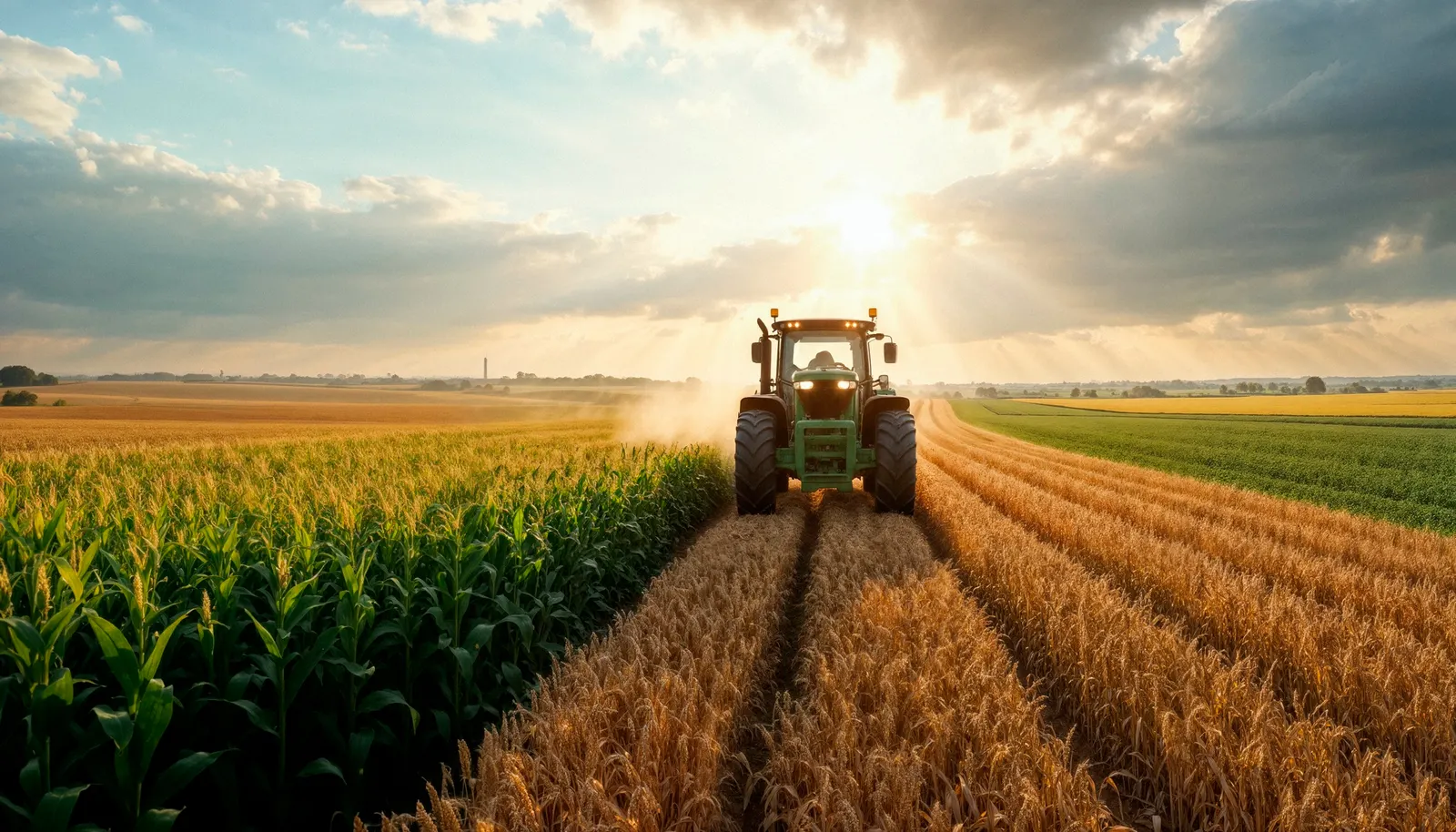 Tractor cosechando en el campo: distribución y logística de la cadena agroalimentaria